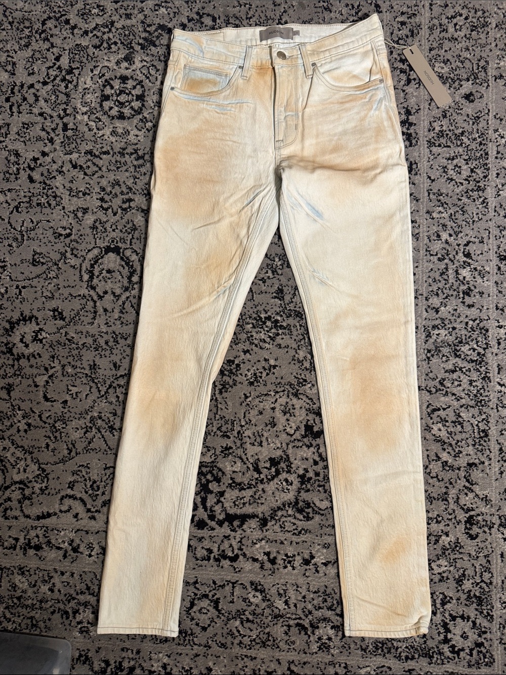 Hudson Zack Skinny Jeans in Light Beige Wash with Subtle Tan Fading